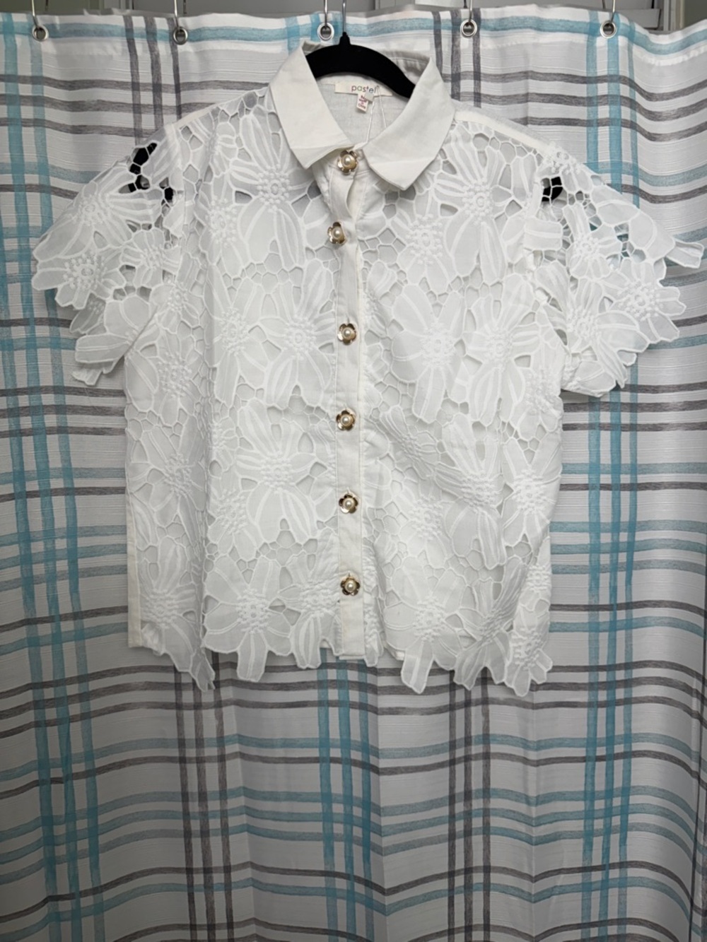 Pastels White Floral Lace Button-Front Blouse